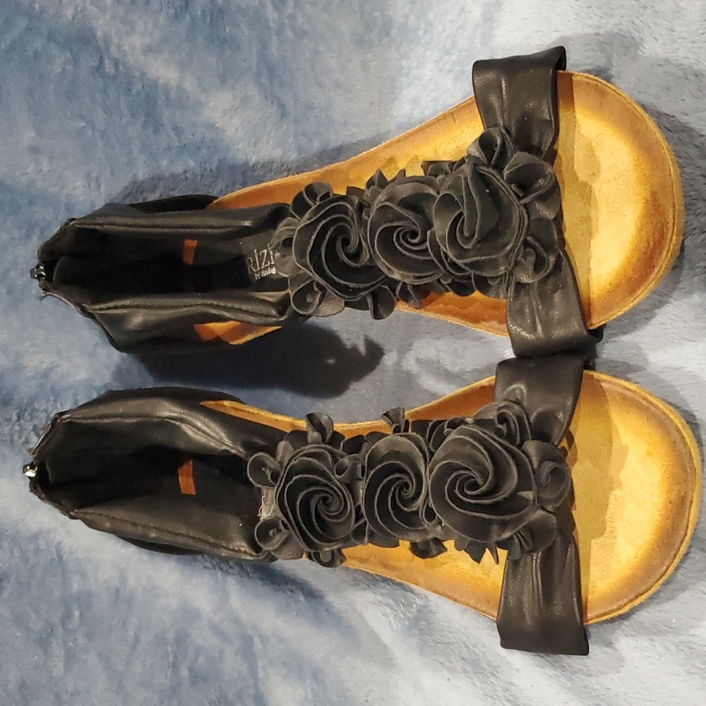 Spring Step Black Wedges with Floral Design